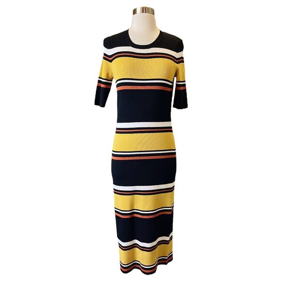 INTERMIX Wyatt Rib Knit Dress Striped Sweater Midi Half Sleeves Crew Medium EUC - Picture 3 of 15